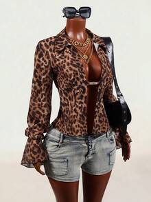 Mistrie Leopard Print Long Sleeve Fashion Women Sexy Slim Fit Blouse - Multicolor - View 8