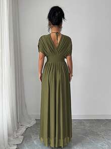SHEIN Elenzya Women's Summer Elegant Olive Green Ankle-Length Dress,Party Night Vintage Mesh Shirred Waist A-Line Silhouette,Short Sleeve Bow Tie Back French Style - Army Green - View 2