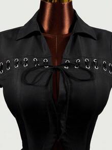Mistrie Women's Fashion Regular Shoulder Short Sleeve Drawstring Cropped Fitted Blouse - Black - View 7