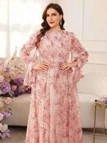 Modelyn Plus Size Women Elegant Floral Print Cinched Waist Midi Dress - Pink - View 6