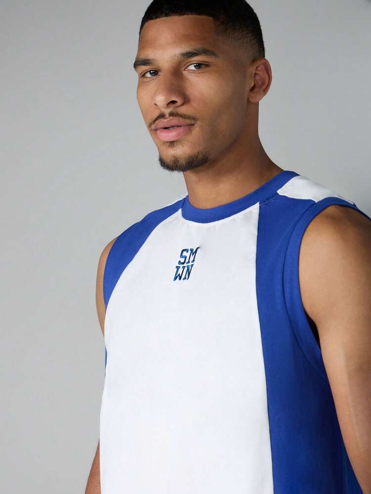 Débardeur color block avec panneaux latéraux marine et encolure ras-du-cou, chemise d'été décontractée sans manches