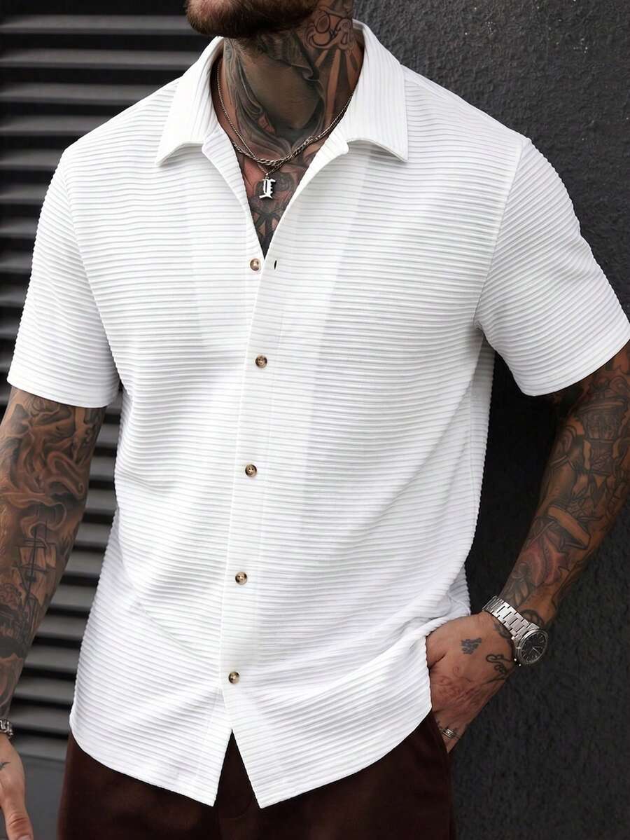 Manfinity CasualCool 男士纯色翻领纹理休闲商务短袖衬衫 - 白色 - 查看 1