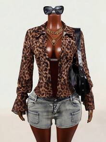 Mistrie Leopard Print Long Sleeve Fashion Women Sexy Slim Fit Blouse - Multicolor - View 1