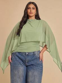 SHEIN BAE 大码女式纯色修身时尚斗篷上衣，喇叭袖 - 薄荷綠 - 查看 7