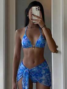 Costavie Women's Random Print Halter Metal Decor Mini Skirt 3-Piece Bikini Set, Spring/Summer - Multicolor - View 1