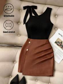 GlowEve Women's Black One-Shoulder Bow Sleeveless Top & Caramel Ruched High Waist Skirt Set, Button Detail - Multicolor - View 3