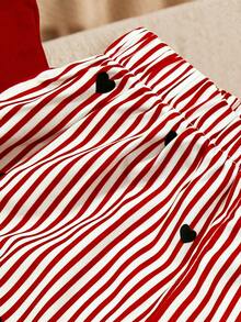 SHEIN Elladie kids 2件組少女夏季套裝，短袖T恤搭配條紋直筒長褲，親子款休閒馬匹印花不對稱下擺服飾 - 紅色 - 查看 5