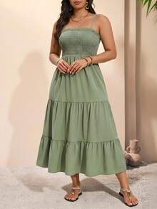 Breezaya Plus Size Women Solid Color Frill Trim Spaghetti Strap Dress, Vacation - Green - View 3