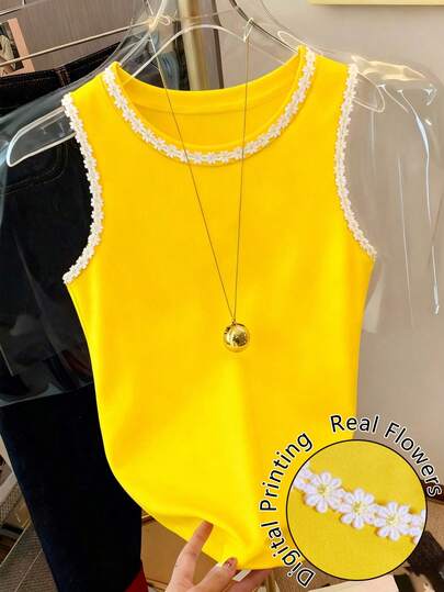 Franclia Top de tirantes casual de mujer con cuello redondo y aplicaciones florales de patchwork, para verano