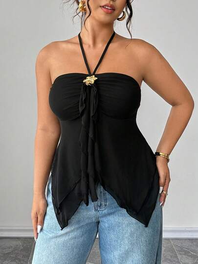 Elenzga Plus Size Women Black Sheer Blouse Camisole With Metal Flower Decor