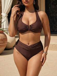 Swim Chiccia Plus Size 2026 Spring/Summer New Sexy Deep V-Neck Design Brown Solid Color Bikini Swimwear Set, Beach Outfit - Brown - View 4