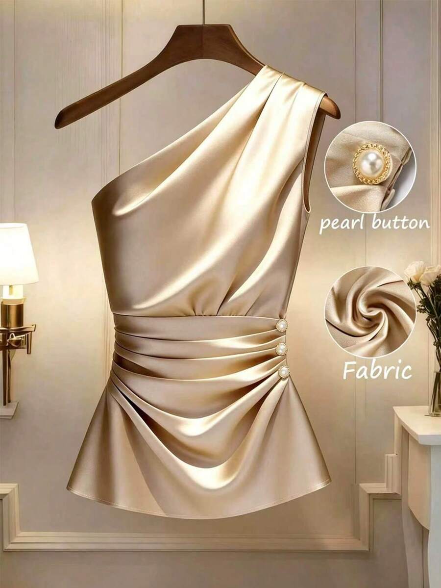 GlowEve Blusa elegante de mujer con pliegues en corte A, de tela brillante y cuello asimétrico, adecuada para la oficina, el transporte y el uso diario, primavera/verano - Champán - Ver 1