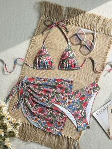 Swim Vcay 女士热带花卉图案露背系带性感比基尼三件套泳衣，适合海滩度假 - 彩色 - 查看 4