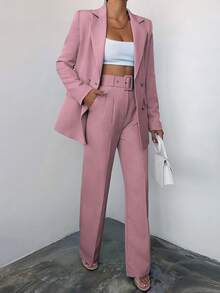 SHEIN Solid Color Double Breasted Suit Set With Lapel Collar - Dusty Pink - View 6