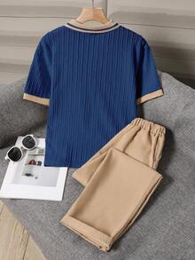 2 piezas Conjunto de Caballero para Adolescente, Camisa Polo de Manga Corta + Pantalón Largo, Conjunto Formal Elegante para Fiesta de Cumpleaños, Boda, Aniversario, Graduación - Azul Marino - Ver 2