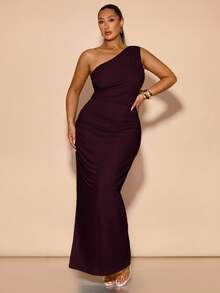 SHEIN BAE Vestidos de mujer talla grande para bodas, damas de honor, fiestas, citas, vacaciones. Vestidos de verano talla grande elegantes para fiestas, cumpleaños, San Valentín, de satén, con hombros asimétricos o de un solo hombro. Vestidos de verano talla grande con cuello asimétrico, cintura plisada y aberturas laterales. Vestidos largos para mujeres, vestidos de verano, vestidos de fiesta para invitadas de boda - Granate - Ver 6
