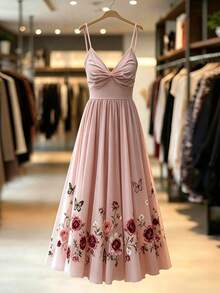 SHEIN Franclia 女士新款V领吊带蝴蝶花卉印花收腰A字连衣裙 - 淺粉色 - 查看 5