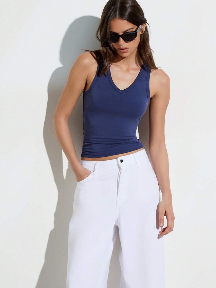KSTM Women's Navy Ribbed V-Neck Tank Top Sleeveless Fitted Casual Summer Basic Tee
