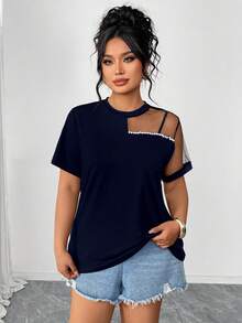 Elenzga Plus Size T-Shirt With Beaded Mesh Short Sleeve Round Neck - Navy Blue - View 1