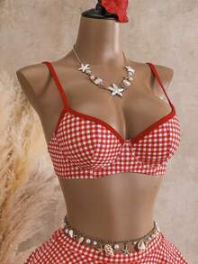 Bellisia Bộ đồ bơi tankini 2 mảnh mùa hè dành cho nữ, họa tiết kẻ caro, có gọng, màu be. - Đỏ - Xem 4