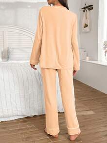 Moonlight&Mama Contrast Color Trim V-Neck Cardigan, Letter Embroidery Long Sleeve & Pants Maternity Lounge Set - Yellow - View 2