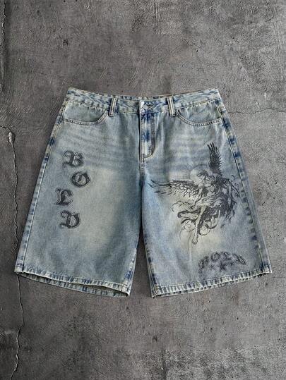 AXEPEAK Shorts Denim Casual Masculina com Bolsos e Estampa de Letra, Versátil para Uso Diário
