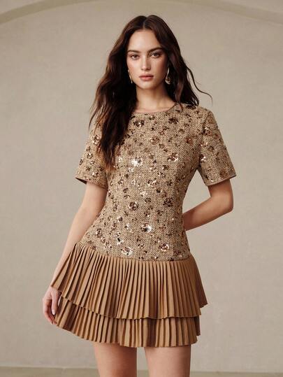 Aveloria Rosie Vestido Tweed Misto Marrom/Bege com Bordado de Lantejoulas, Bainha Franzida em Camadas, Cintura Ajustada, Gola Redonda de Manga Curta, Versátil para Festa, Trabalho, Férias de Verão, Casamento, Temporada de Formatura