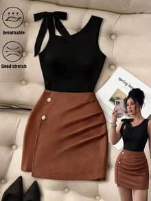 GlowEve Women's Black One-Shoulder Bow Sleeveless Top & Caramel Ruched High Waist Skirt Set, Button Detail - Multicolor - View 1