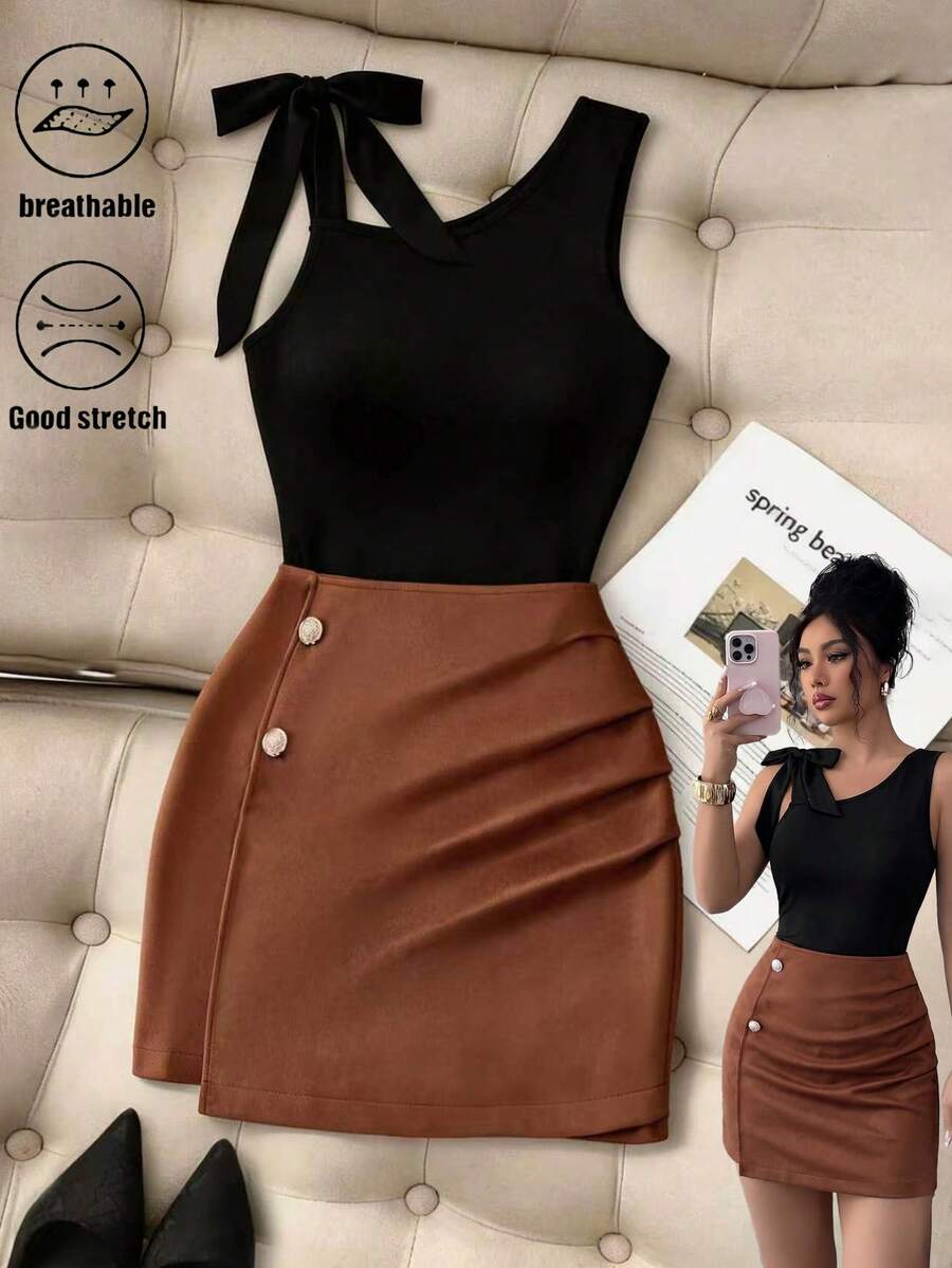 GlowEve Women's Black One-Shoulder Bow Sleeveless Top & Caramel Ruched High Waist Skirt Set, Button Detail - Multicolor - View 1