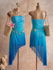 Vestido de niña preadolescente con decoración de estrellas de mar 3D, fruncido y degradado para vacaciones - Azul - Ver 3