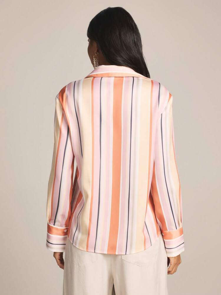 KSTM Women's Satin Striped Button Down Long Sleeve Collared Blouse Professional Office Shirt Spring Summer Workwear