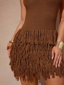 Silquee Women's Solid Color Fringe Design Fashion Date Night Beach Vacation Knit Dress Coffee Brown Autumn Sexy Tropical - Brown - View 9