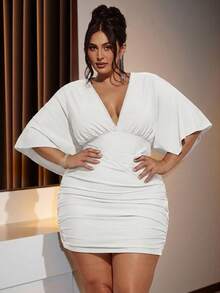 SHEIN BAE Gaun Natal Mini Hijau Leher V untuk Wanita Ukuran Plus - Putih - View 1