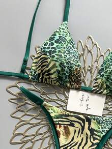 Swim Vcay Bộ bikini hai mảnh gợi cảm họa tiết da báo dành cho nữ, kiểu buộc dây cổ và hở lưng, thích hợp cho kỳ nghỉ biển. - màu xanh lá - Xem 7