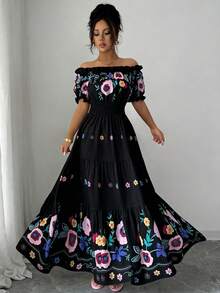 Modelyn 女士露肩花瓣袖印花腰部A字裙摆浪漫优雅休闲夏季连衣裙 - 黑色 - 查看 6
