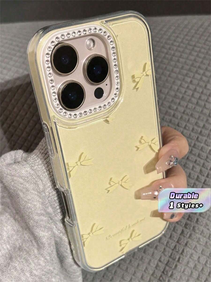 Luxury Rhinestone Lens Bow Phone Case Compatible With IPhone 17 16 15 14 Promax 13 Luxury Stylish Blingbling Protect Back Cover - Yellow - View 1