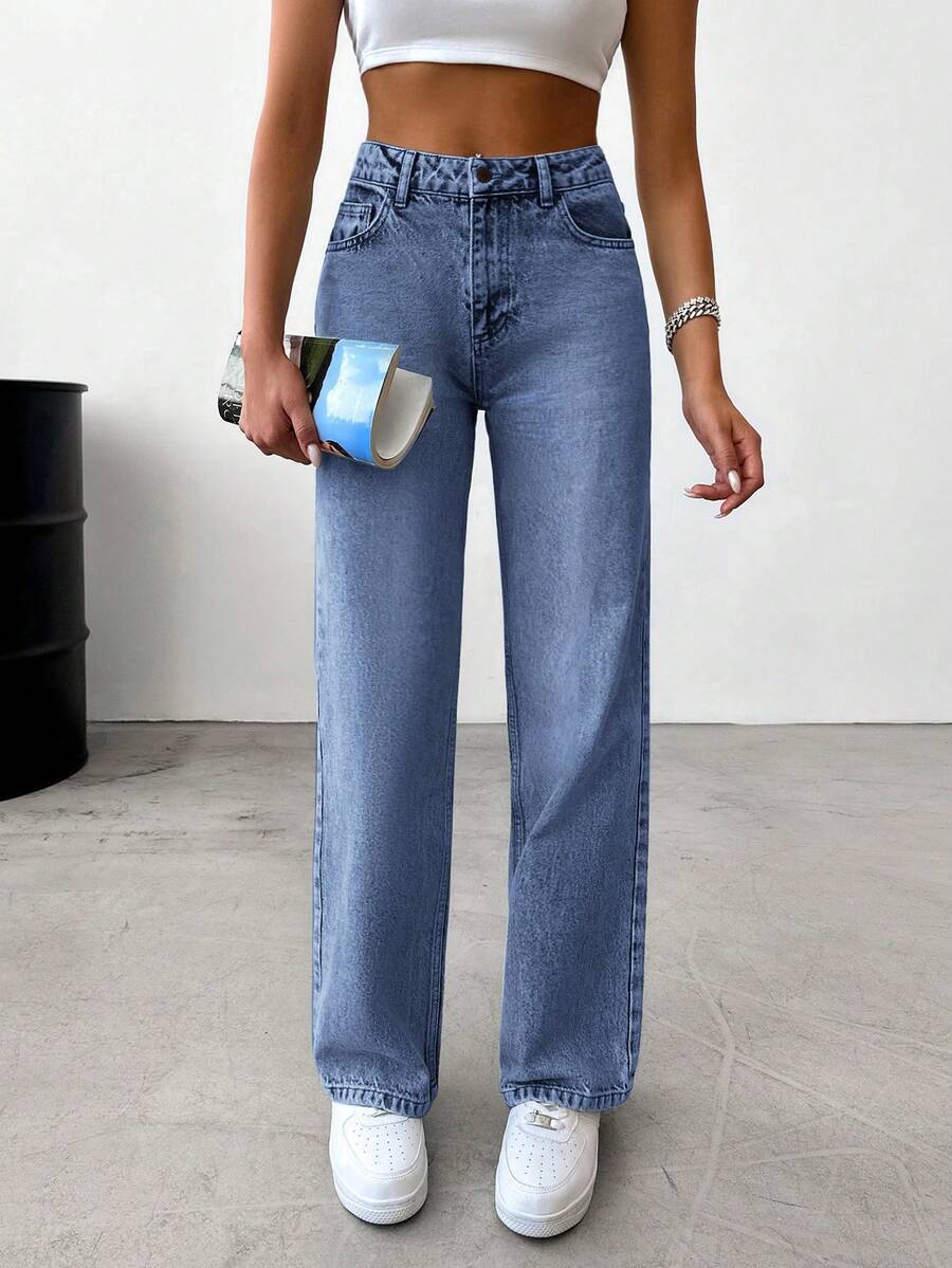 EURMUSE Casual Washed Straight Leg Jeans - Royal Blue - View 1