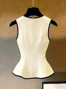 Franclia Áo tank top không tay cổ tròn viền đen trắng đa năng, áo sơ mi trắng nhẹ, áo kiểu dáng thanh lịch dáng xòe, trang phục mùa hè dành cho nữ. - Màu be - Xem 2