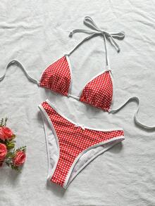 Swim Mod 女士夏季沙滩度假红色格子蝴蝶结装饰白色滚边露背系带性感比基尼套装 - 紅白色 - 查看 3