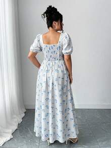 Elenzga Plus Size Women's Petal Sleeve Open Back Flared Dress - Blue and White - View 2