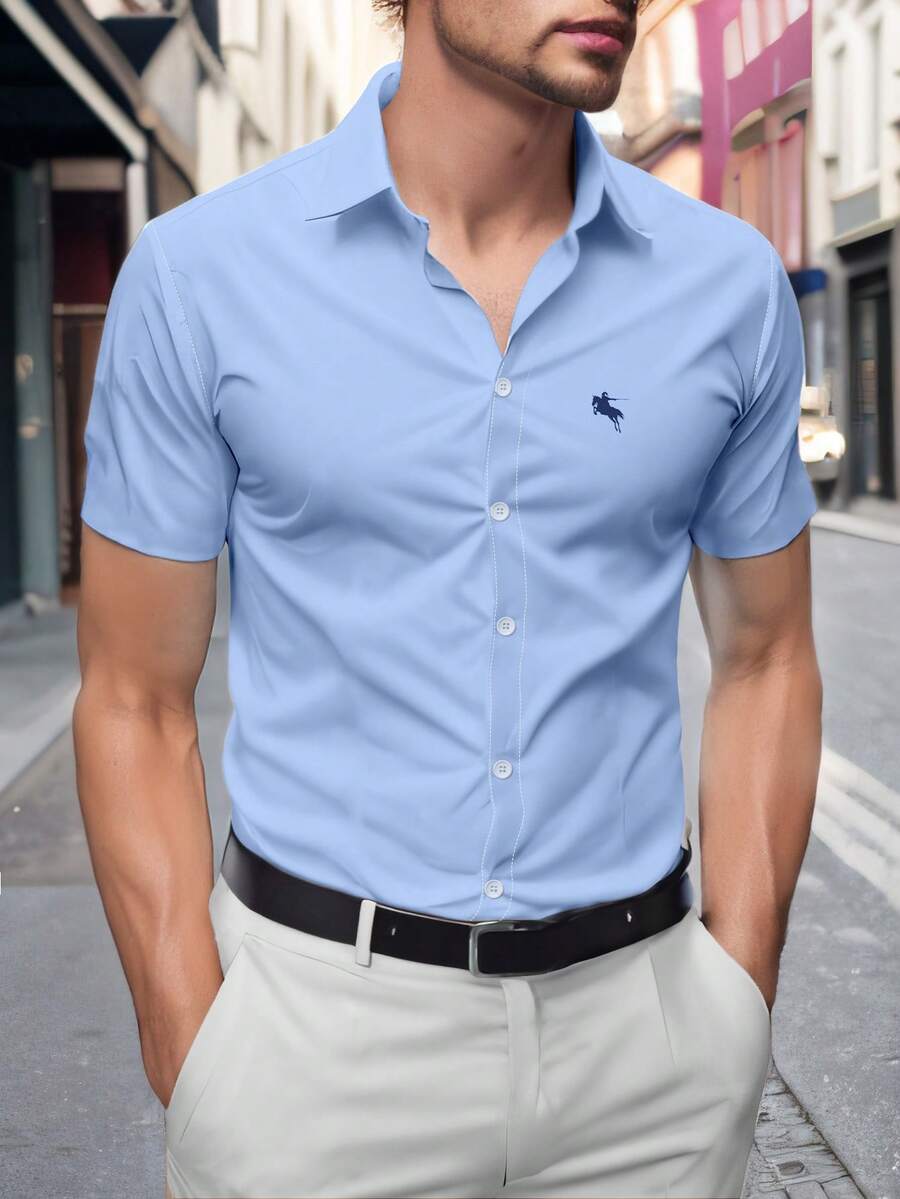 Manfinity Mode Men Plus Size Short Sleeve Simple Versatile Formal Shirt, Embroidered Logo , Ceremony - Baby Blue - View 1