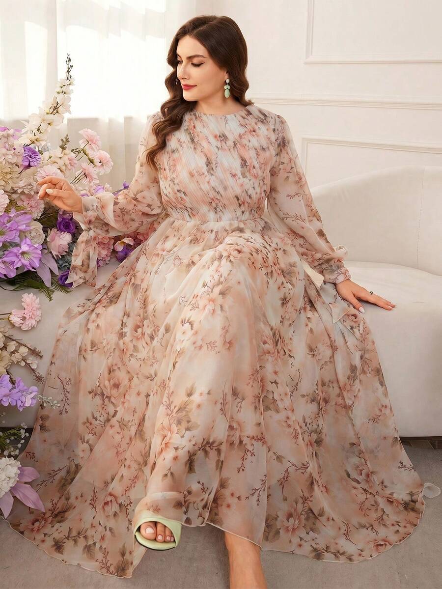 Modelyn 大码女式印花优雅收腰连衣裙