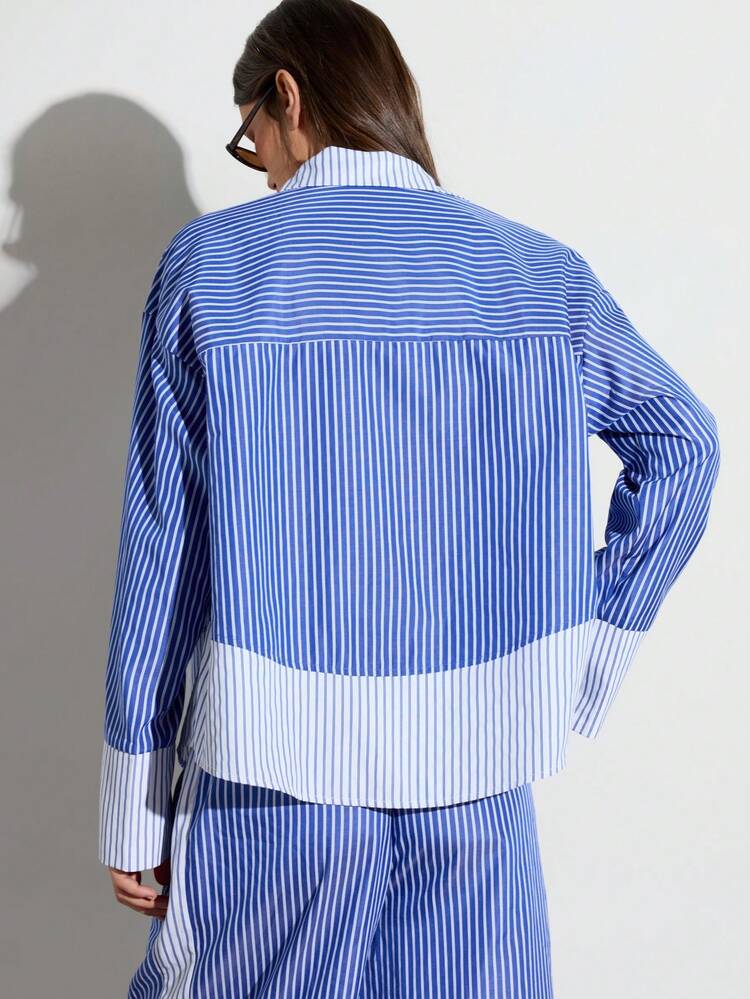 KSTM Damen Blau Weiß gestreiftes Hemd mit Knöpfen, Langarm, Kragen, professionelle Kontrastfarbblockung, Büro Bluse