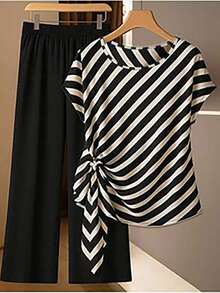 SHEIN Clasi Bộ 2 quần ống đứng kẻ sọc thắt nơ màu đen thoải mái cho nữ, phù hợp mặc công sở - Nhiều màu - Xem 1