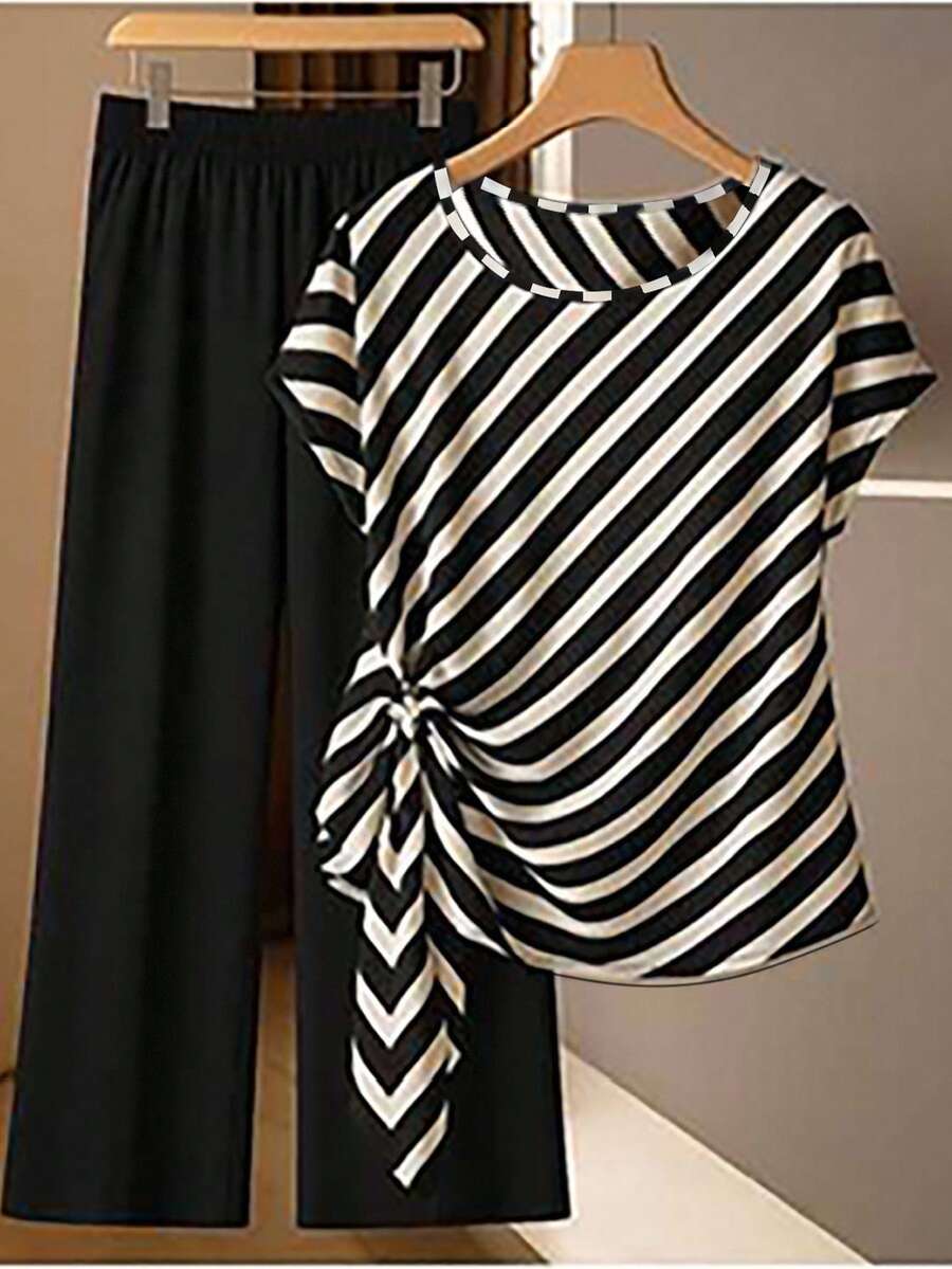 SHEIN Clasi Bộ 2 quần ống đứng kẻ sọc thắt nơ màu đen thoải mái cho nữ, phù hợp mặc công sở - Nhiều màu - Xem 1