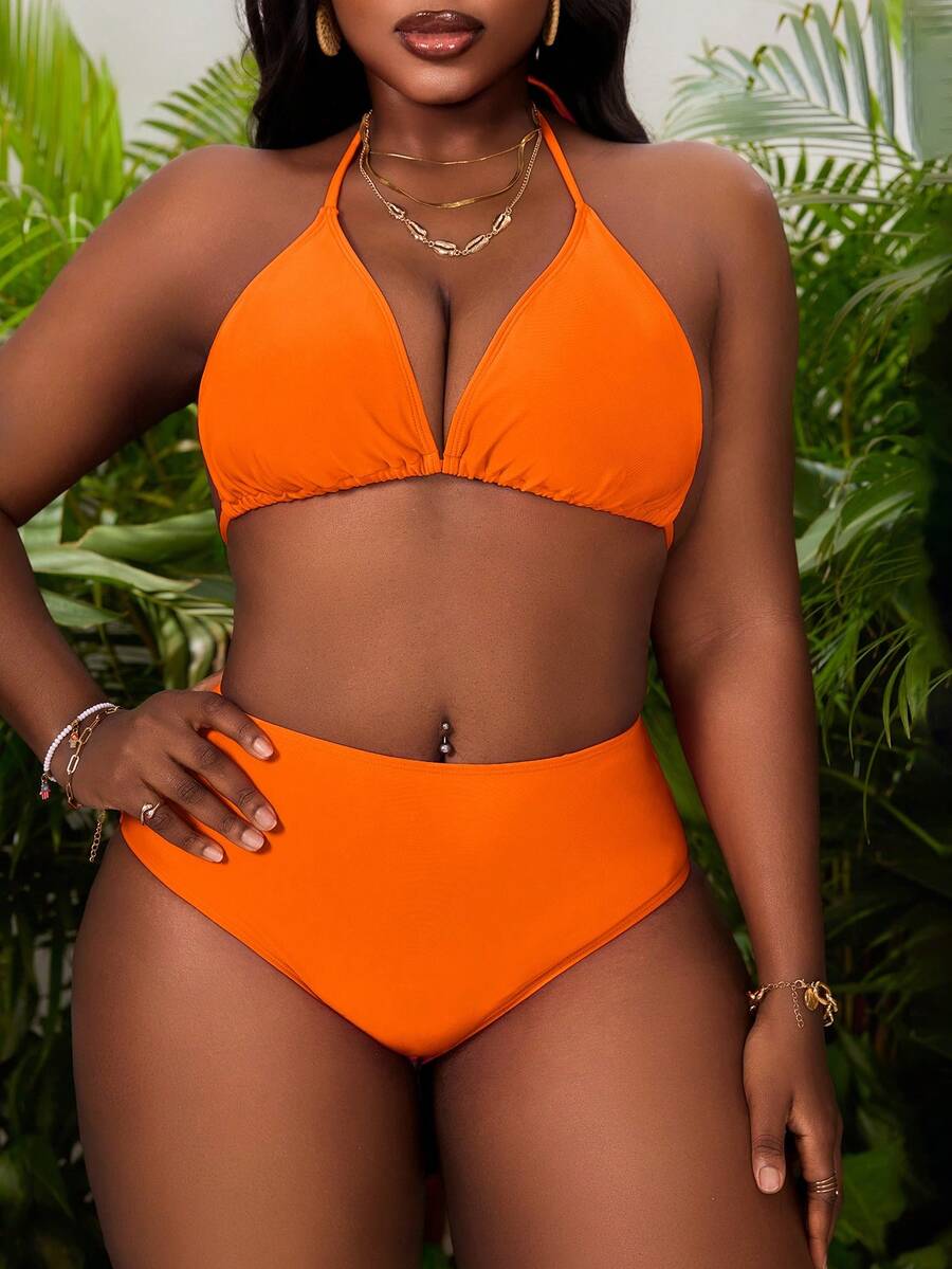 Slaydiva Bộ bikini hai mảnh buộc cổ màu trơn gợi cảm dành cho nữ cỡ lớn, gồm bikini và quần lót tam giác.