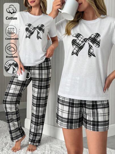 SHEIN Women Cotton 3 Pcs White Plaid Bow Detail Round Neck Short Sleeved Shrt & Plaid Long Bottoms&Shorts Homewear Comfort Casual Pajama Set