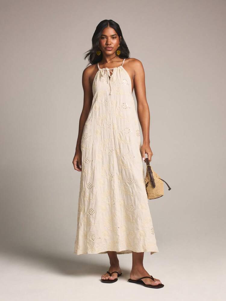 KSTM Vestido largo de cuello halter bordado con detalles de ojales y cierre con lazo en la espalda para boda en la playa de verano