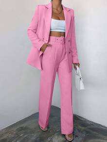 SHEIN Solid Color Double Breasted Suit Set With Lapel Collar - Dusty Pink - View 4
