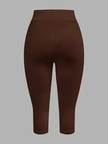 SHEIN EZwear 2条装女士95%纯棉黑色和棕色七分紧身休闲打底裤，适合夏季穿着 - 彩色 - 查看 3